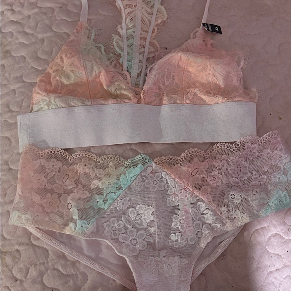 Lace Bralette and Panty Set - Pastel Pink and White